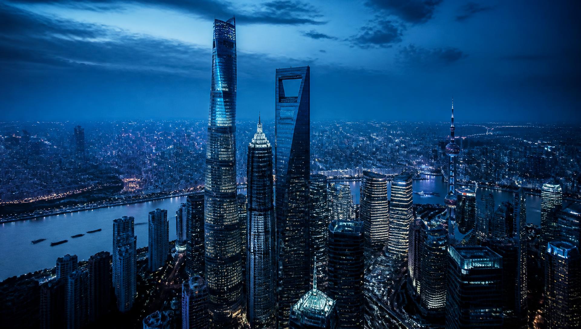 Global financial district skyline at dusk